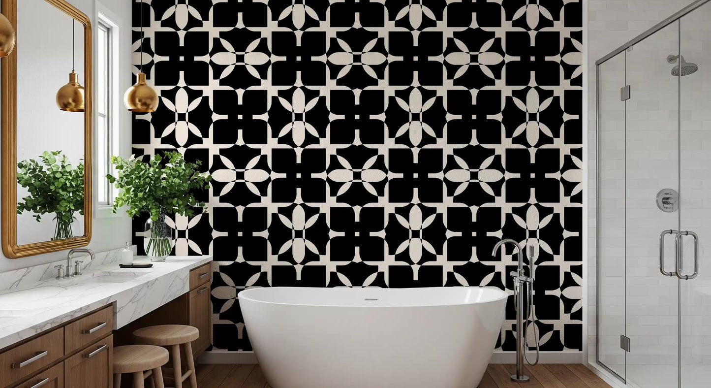 Graphic Monochrome Petal Tile Wallpaper⁠