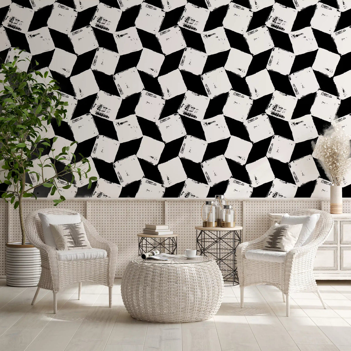 Monochrome grid wallpaper wrapping a modern living room in black and white GD11806
