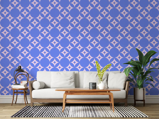 Periwinkle geometric wallpaper lifts a modern living room, GD11814