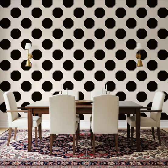 Minimalist Black Octagon Grid wallpaper frames a dining room in cream and black GD11815