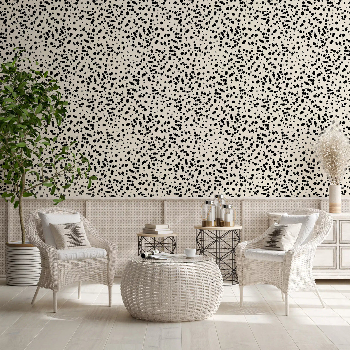 Living room dressed in the Monochrome Spotted Artistry wallpaper, GD11823