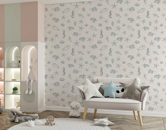 Oceanic Sketch Marine Life Pattern Wallpaper⁠