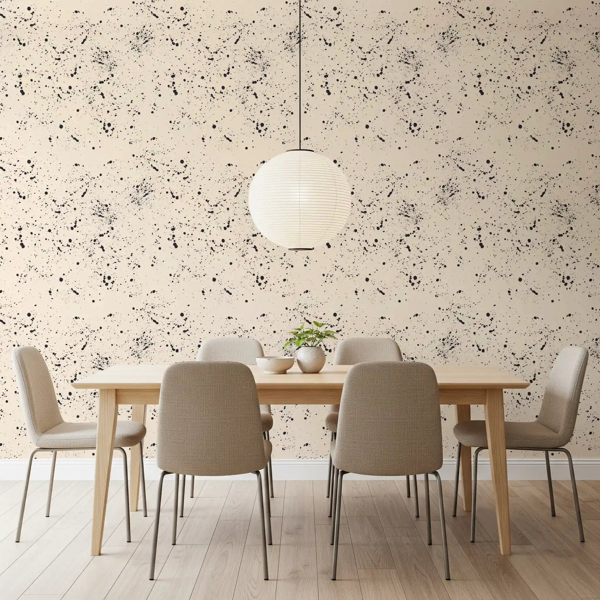 Ink splatter minimalism wallpaper behind a bright dining room GD11832
