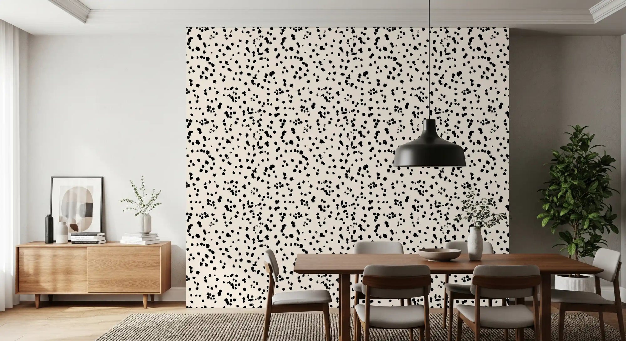Dining room styled with the Black and Cream Ink Splatter wallpaper, GD11833
