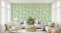 Sage and Cream Hand-Painted Leaf Wallpaper⁠