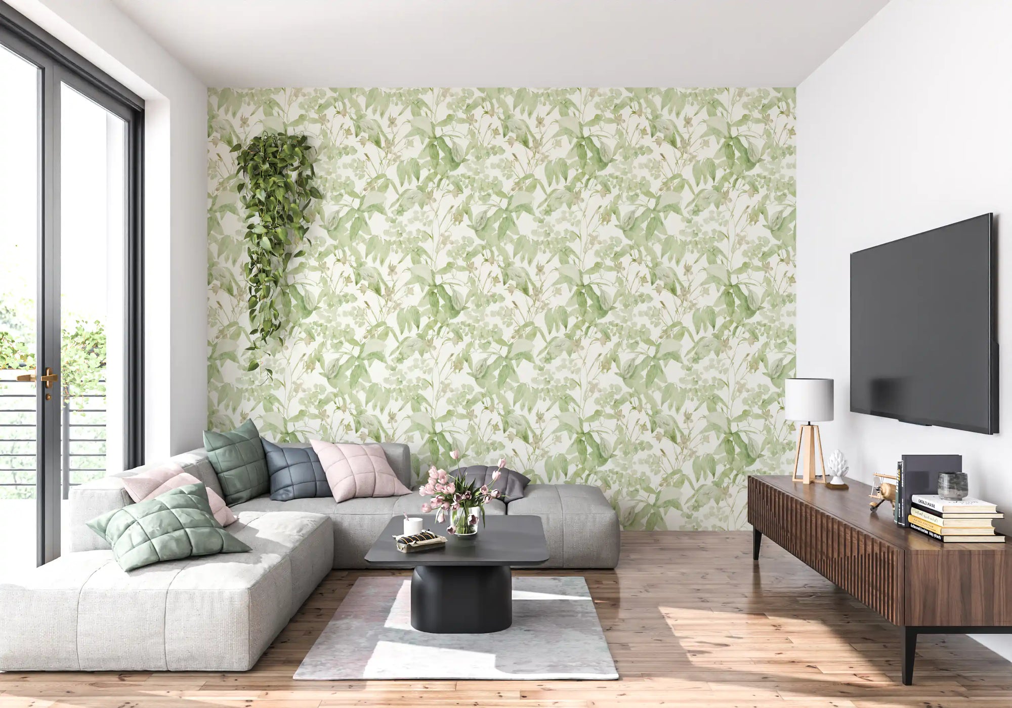 Verdant Meadow Botanical Illustration Wallpaper⁠