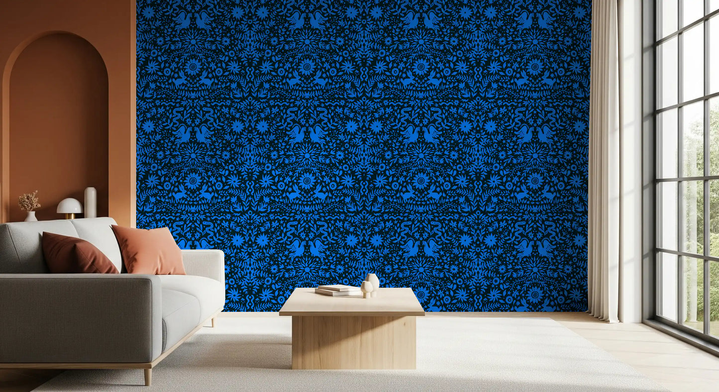 Mexican Folklore Blue Bird and Rabbit Motif Wallpaper⁠