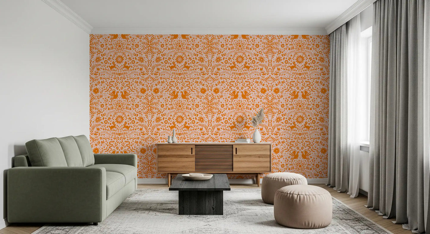 Orange Whimsical Woodland Creature Pattern Wallpaper⁠