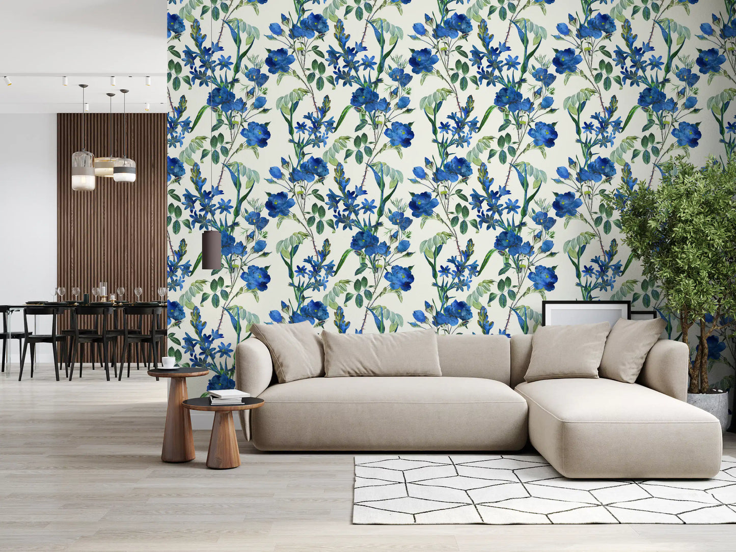 Vintage Indigo Wildflower Garden Pattern Wallpaper⁠