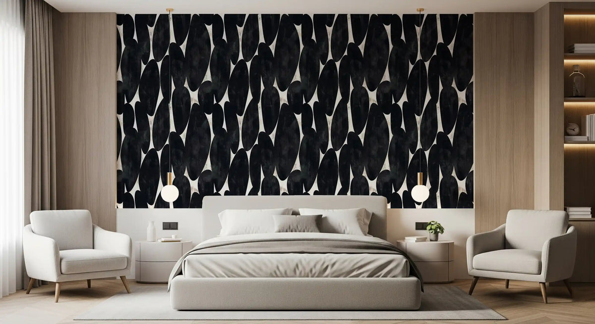 Sculptural forms over a calm bedroom, dark charcoal wallpaper GD11850