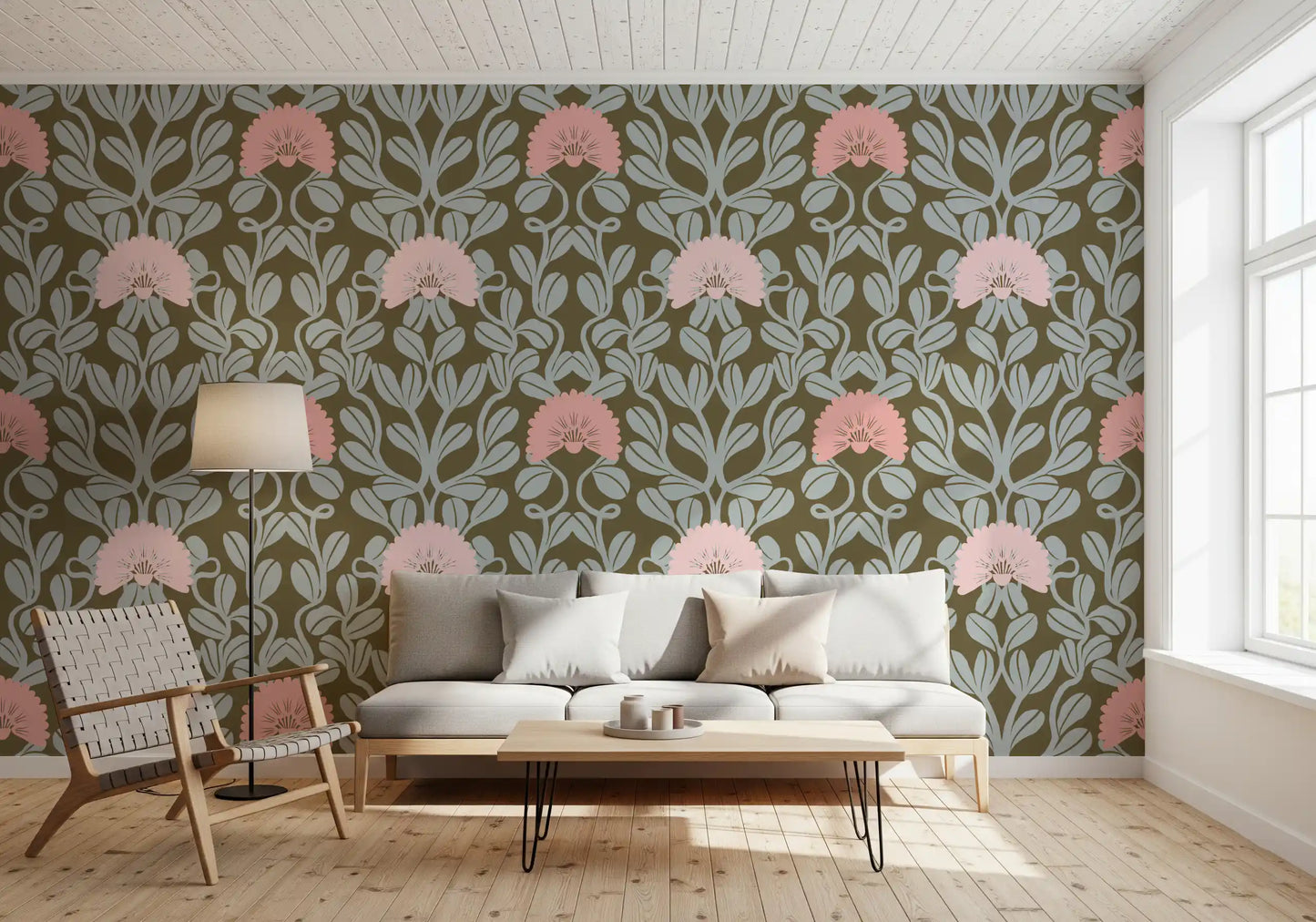 Sage and Blush Botanical Damask Wallpaper⁠
