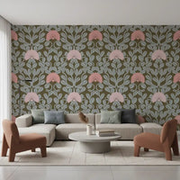 Sage and Blush Botanical Damask Wallpaper⁠