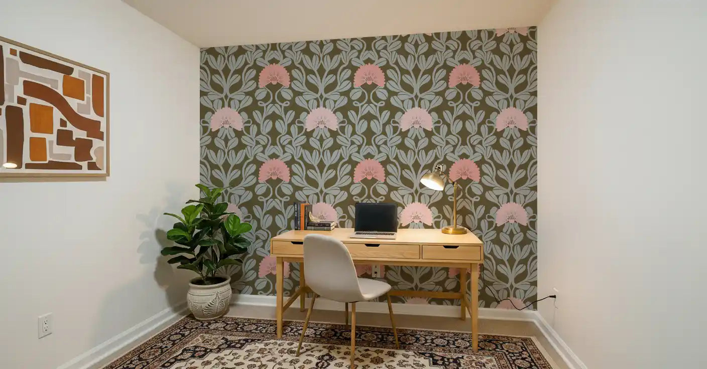 Sage and Blush Botanical Damask Wallpaper⁠