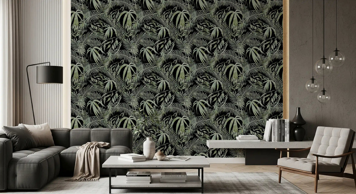 Verdant jungle leaves in a moody living room, brushstroke wallpaper GD11854