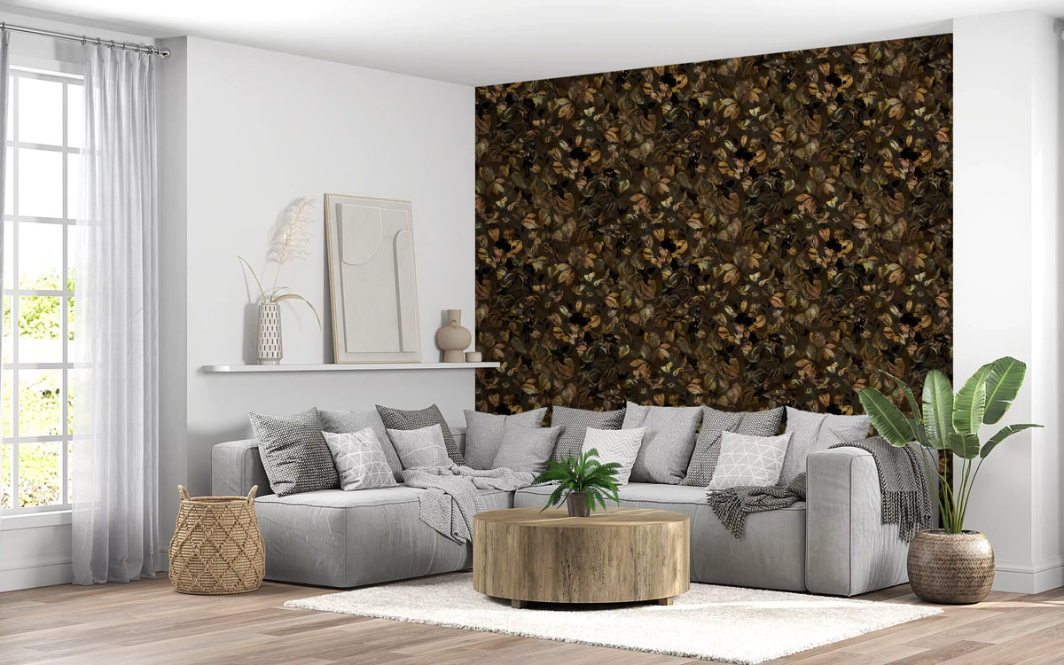 Living room feature panel in the midnight botanical foliage wallpaper, gold on black GD11856