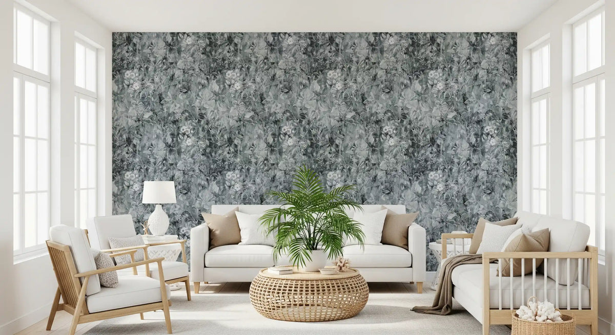 Charcoal botanical leaves in a moody living room, shadow wallpaper GD11859