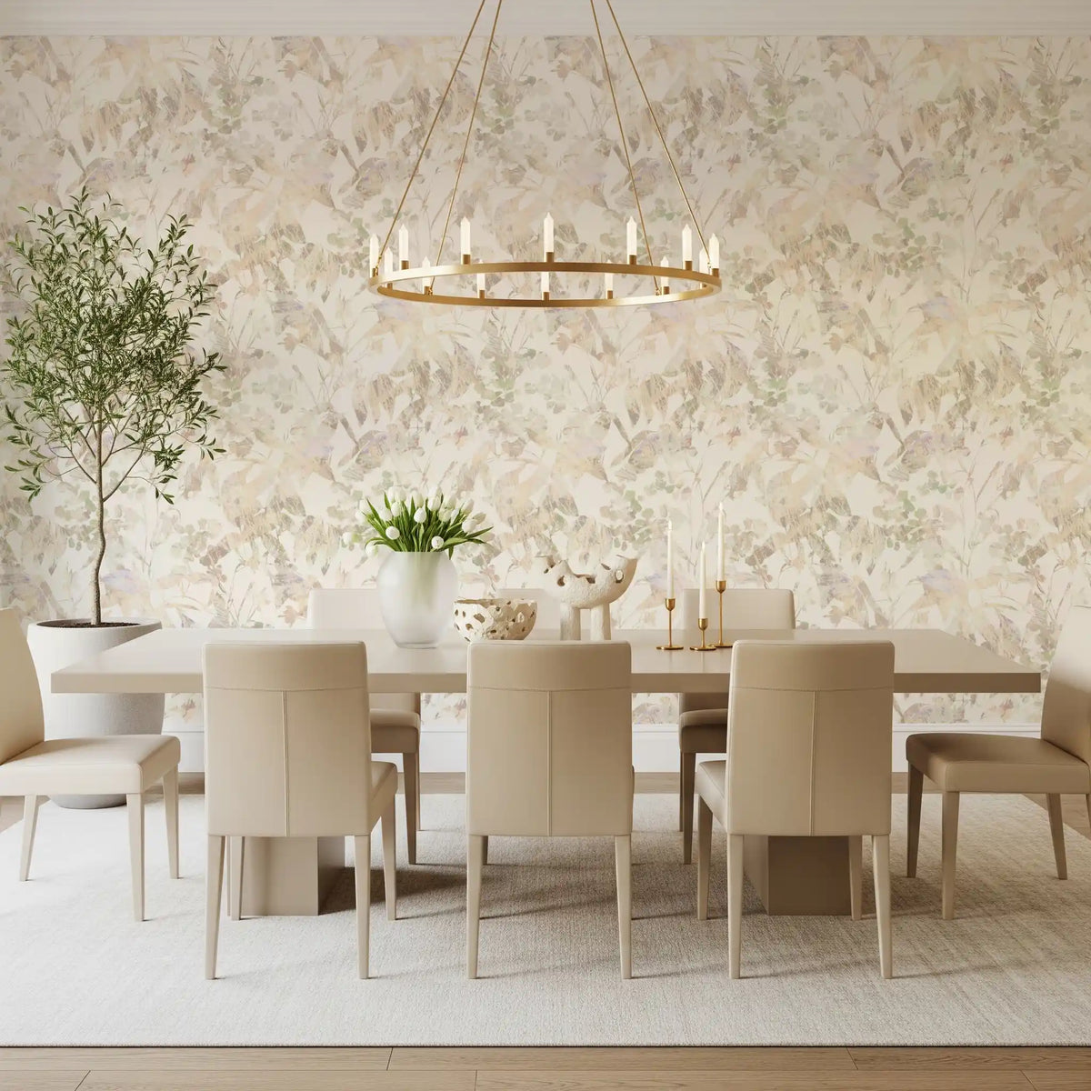 Dining room styled with the muted sage garden leaves wallpaper GD11861
