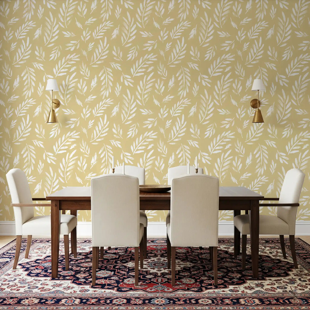 Golden foliage wallpaper warming a calm dining room GD11867