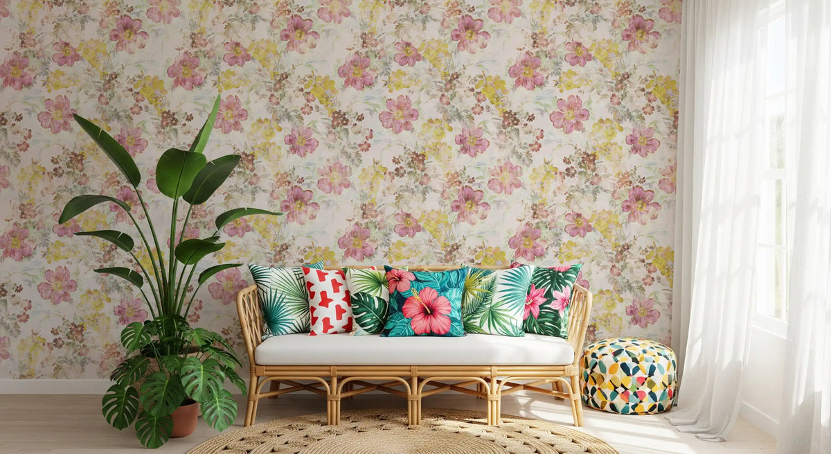 Living room finished in Vintage Pastel Floral Meadow wallpaper GD11869