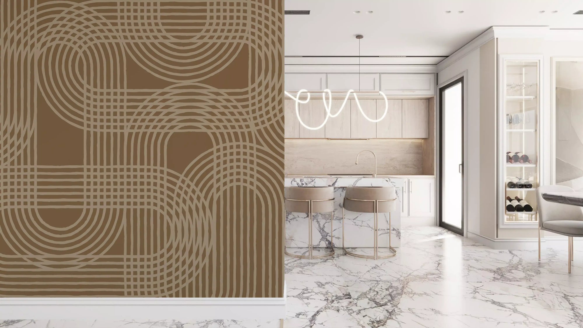 Kitchen feature in the abstract earthy arches wall mural in warm tan GD11878
