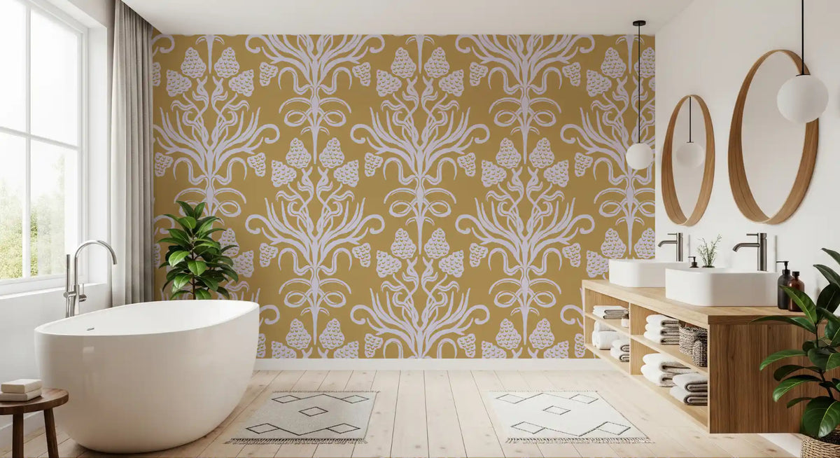 Gold botanical wallpaper spanning a serene bathroom GD11883
