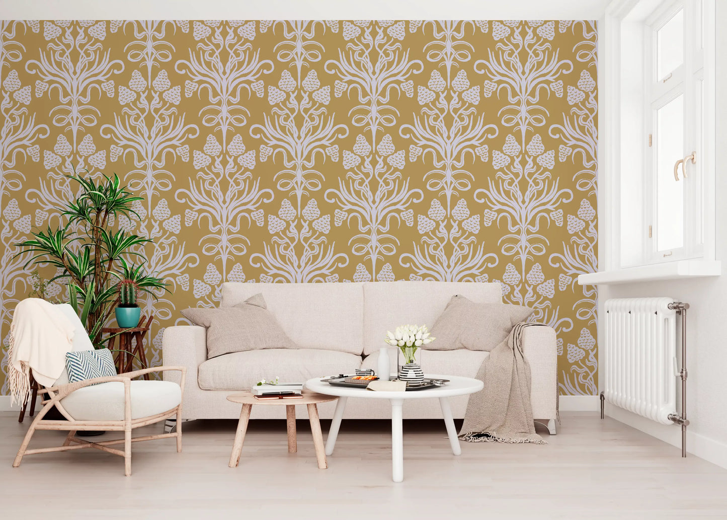 Golden Botanical Damask Motif Wallpaper⁠