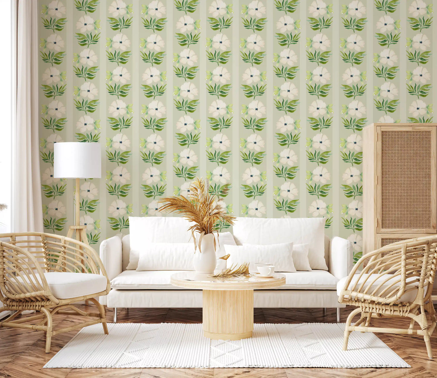 Watercolor Sage Floral Stripe Wallpaper⁠