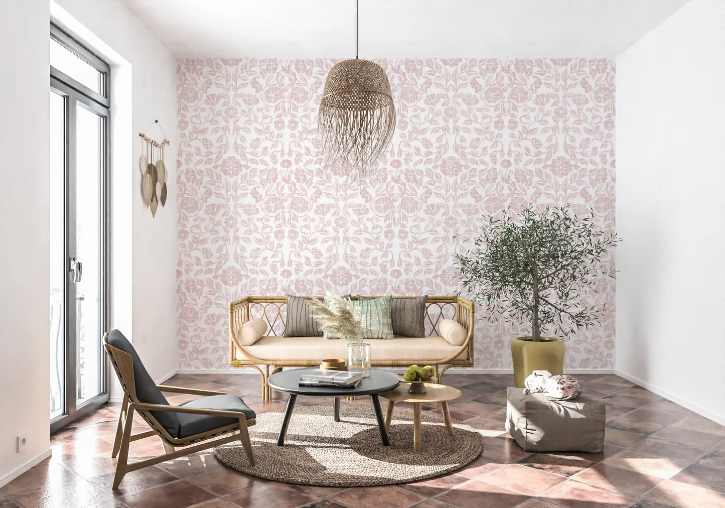 Soft Blush Botanical Textile Print Wallpaper⁠