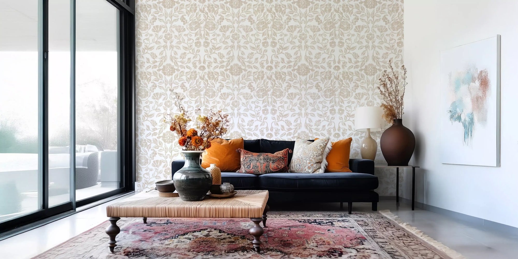 Hallway finished in Rustic Linen Damask Motif wallpaper GD11891