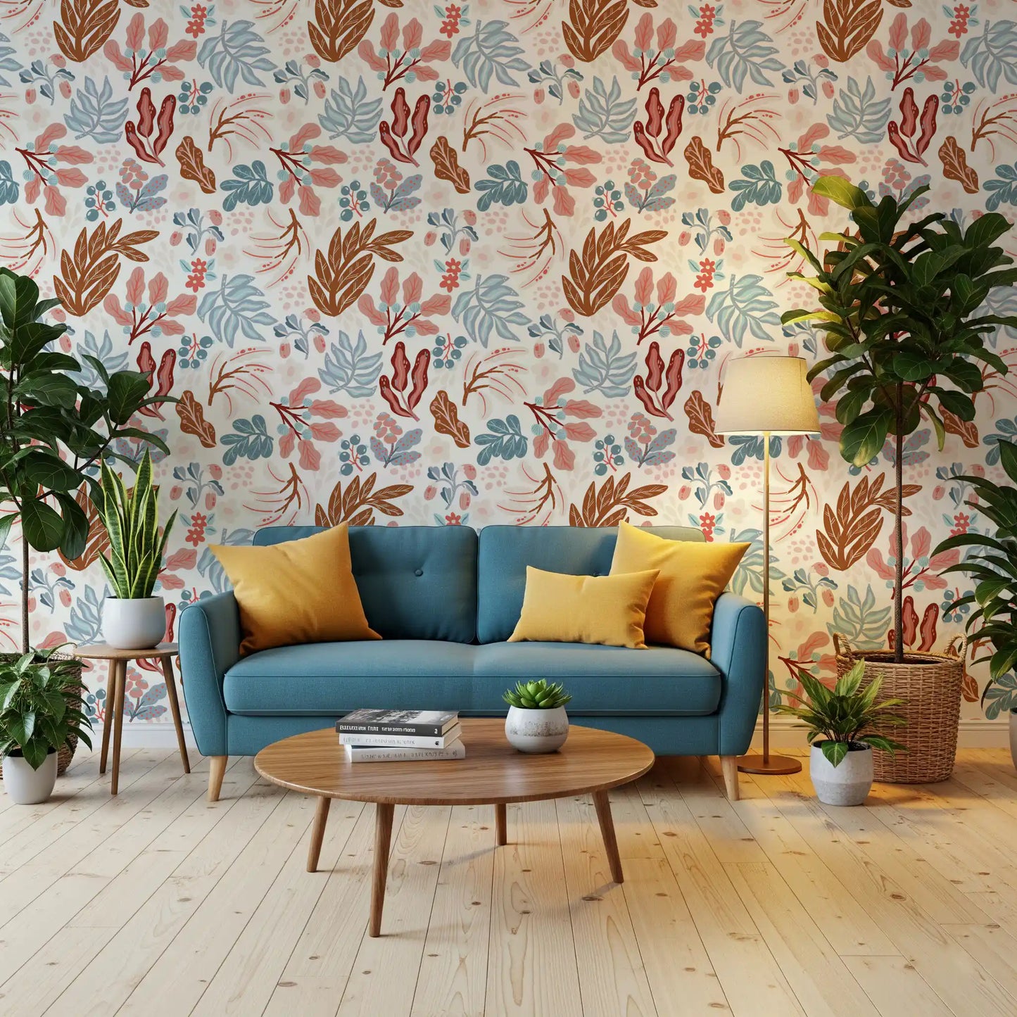 Muted Autumn Botanical Folk Art Wallpaper⁠