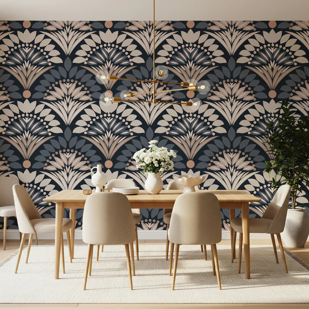 Dining room styled with the modern botanical fan arcs wallpaper GD11896