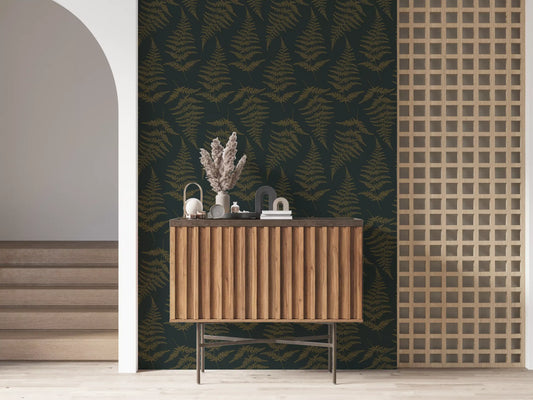 Entryway finished in Golden Fern Botanical Pattern wallpaper GD11900