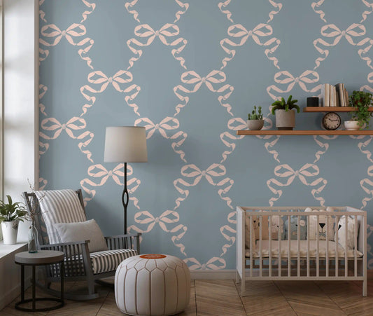Nursery feature panel in Vintage Pastel Bow wallpaper GD11906