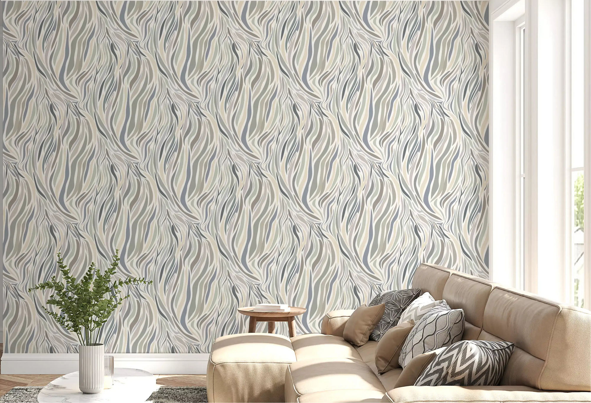 Living room feature panel in abstract fluid wave wallpaper, sage and cream GD11908