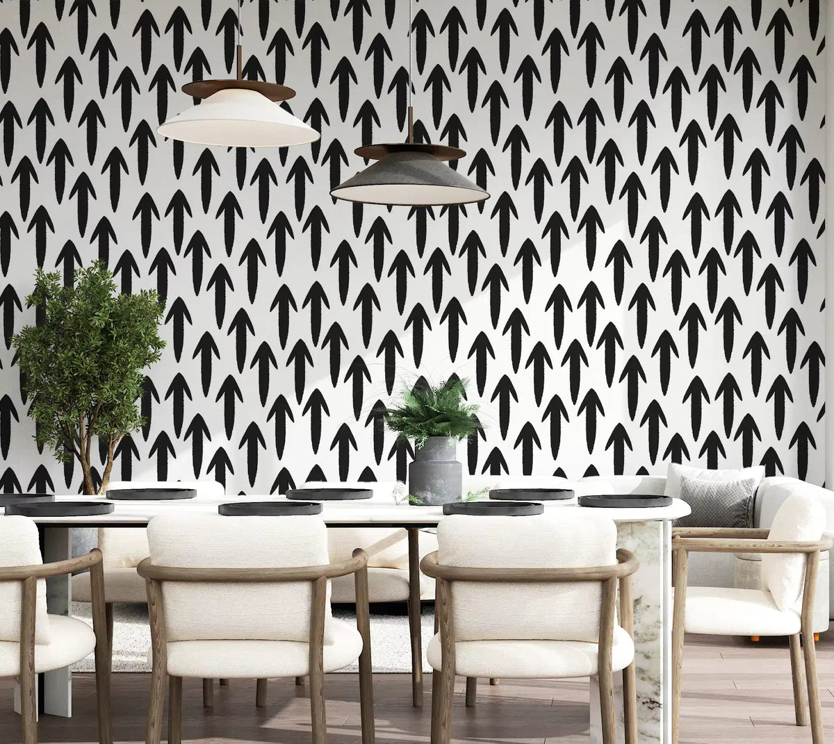 Dining room styled with graphic arrow pattern wallpaper across one stretch GD11915