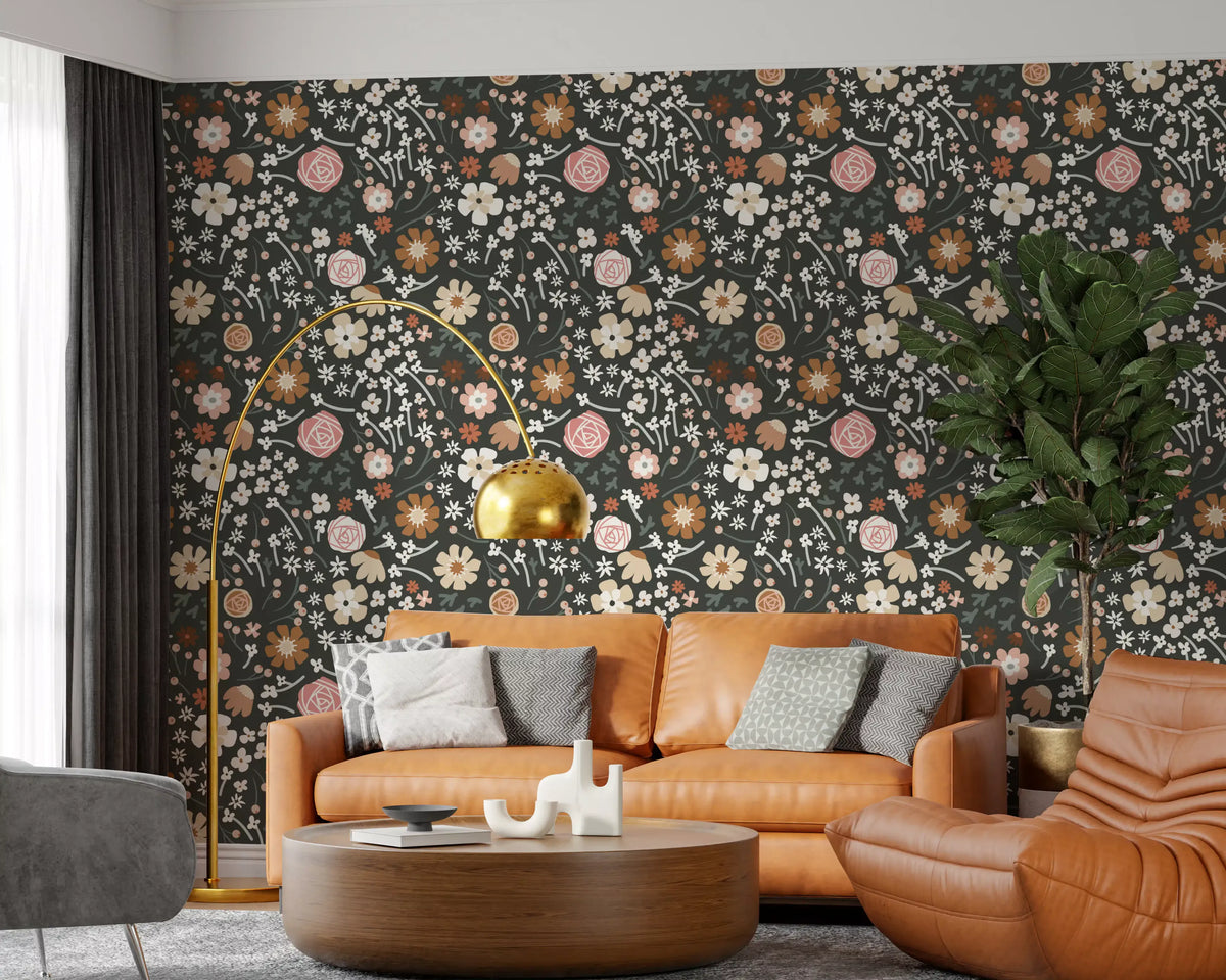 Rustic Meadow Botanical wallpaper spanning a warm living room, GD11920