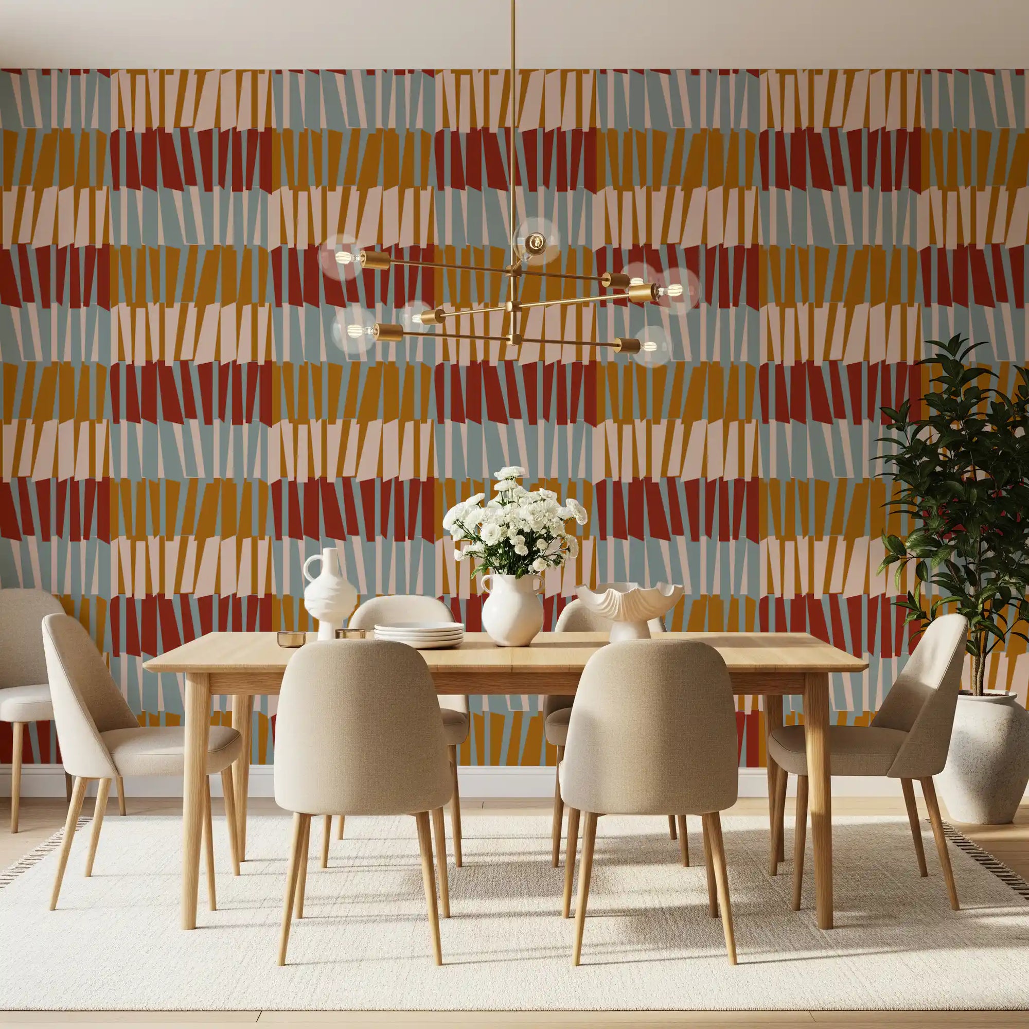 Retro abstract block geometric wallpaper warms a spacious dining room GD11921