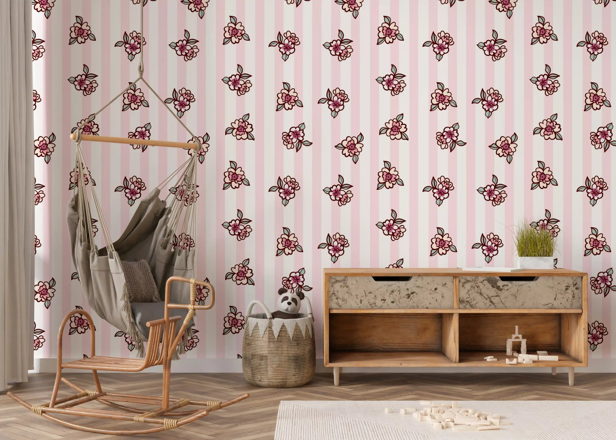 Soft Pink Blossom Stripe Wallpaper⁠