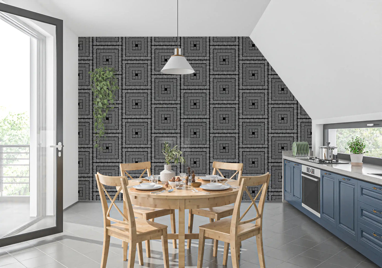 Abstract Hand-Drawn Linear Square Motif Wallpaper⁠