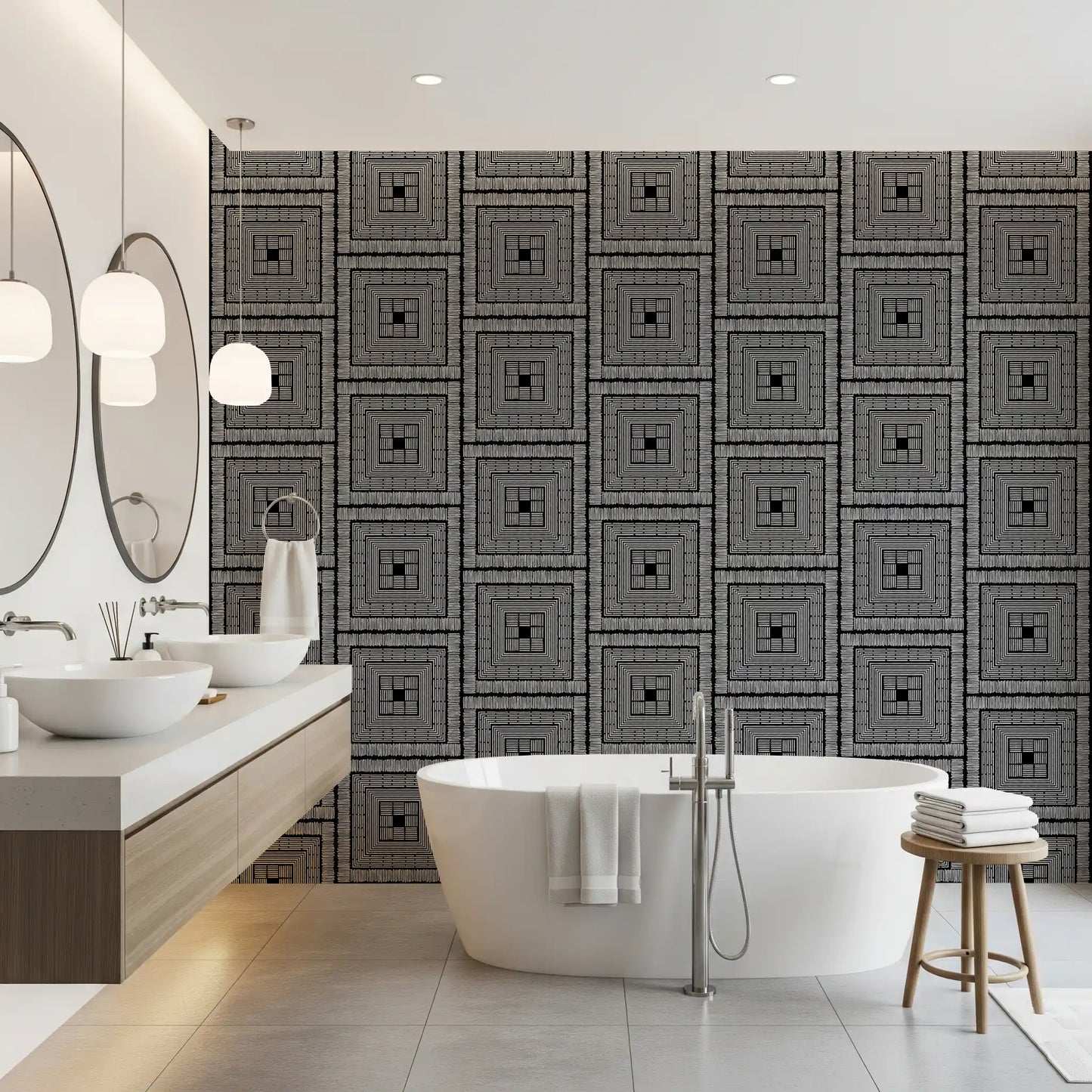 Abstract Hand-Drawn Linear Square Motif Wallpaper⁠