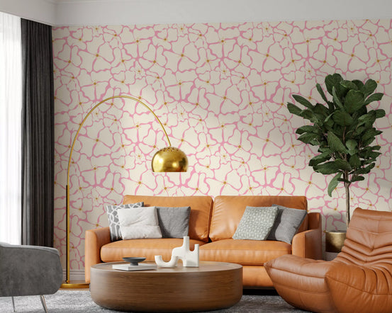 Blush Petal Flow wallpaper spanning a calm living room, GD11930