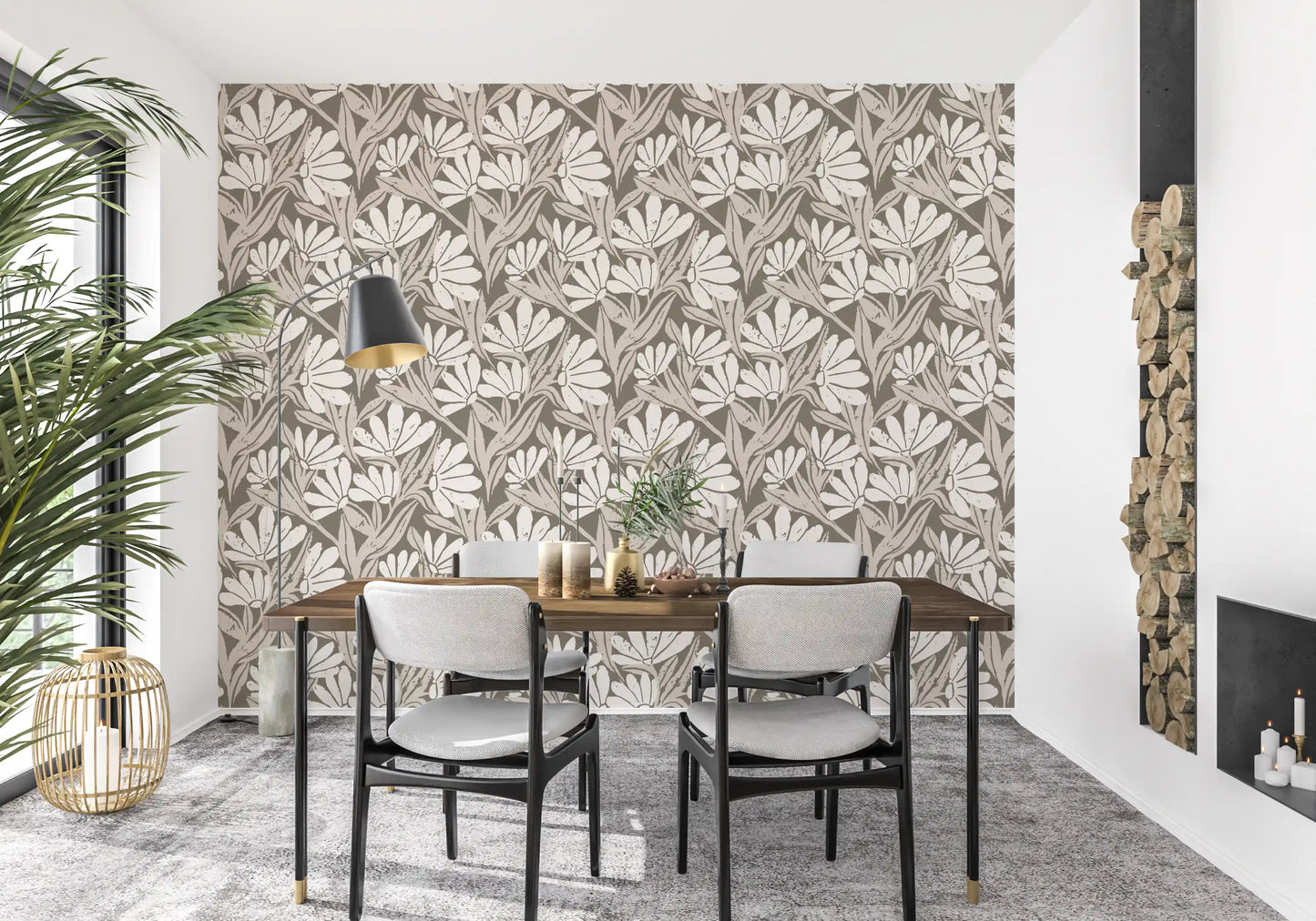 Rustic Cream and Taupe Flower Block Print Wallpaper⁠