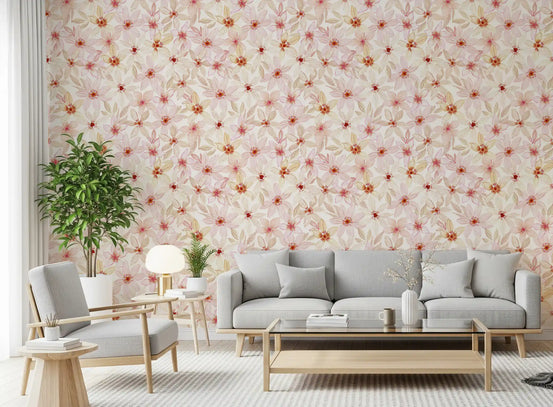 Watercolor Meadow Bloom wallpaper warms a living room with pale florals GD11947