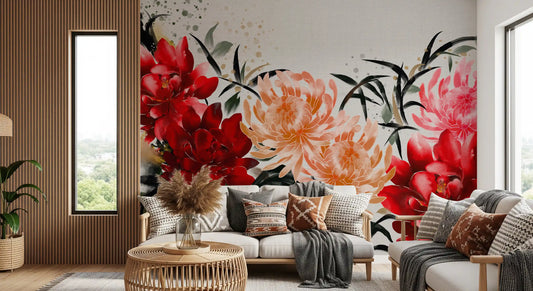 Crimson and Peach Floral Ink Wash Wall Mural