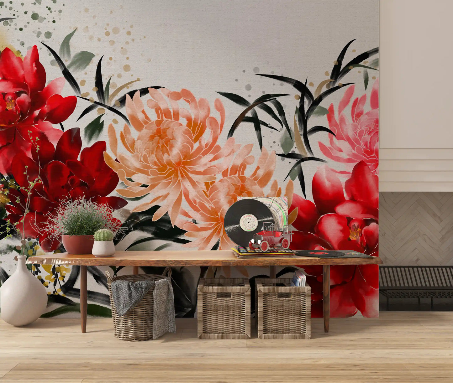 Crimson and Peach Floral Ink Wash Wall Mural