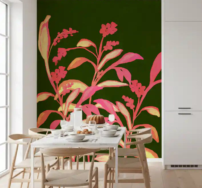 Pink and gold blooms spread over the spring motif wall mural in a dining room GD11953