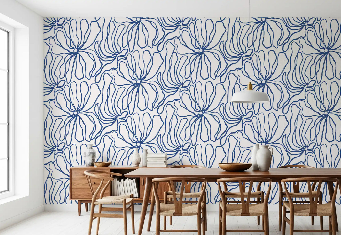 Minimalist Blue Contour Blooms Wallpaper⁠