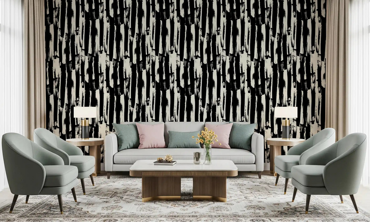 Wallpaper in black and cream brushstrokes lifts a living room, GD11956