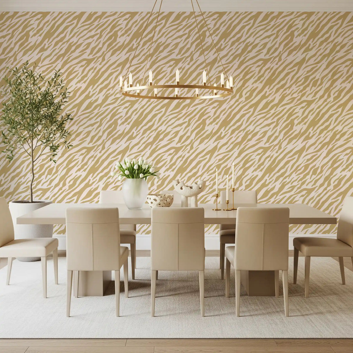 Golden animal stripe wallpaper spanning a bright dining room, GD11962