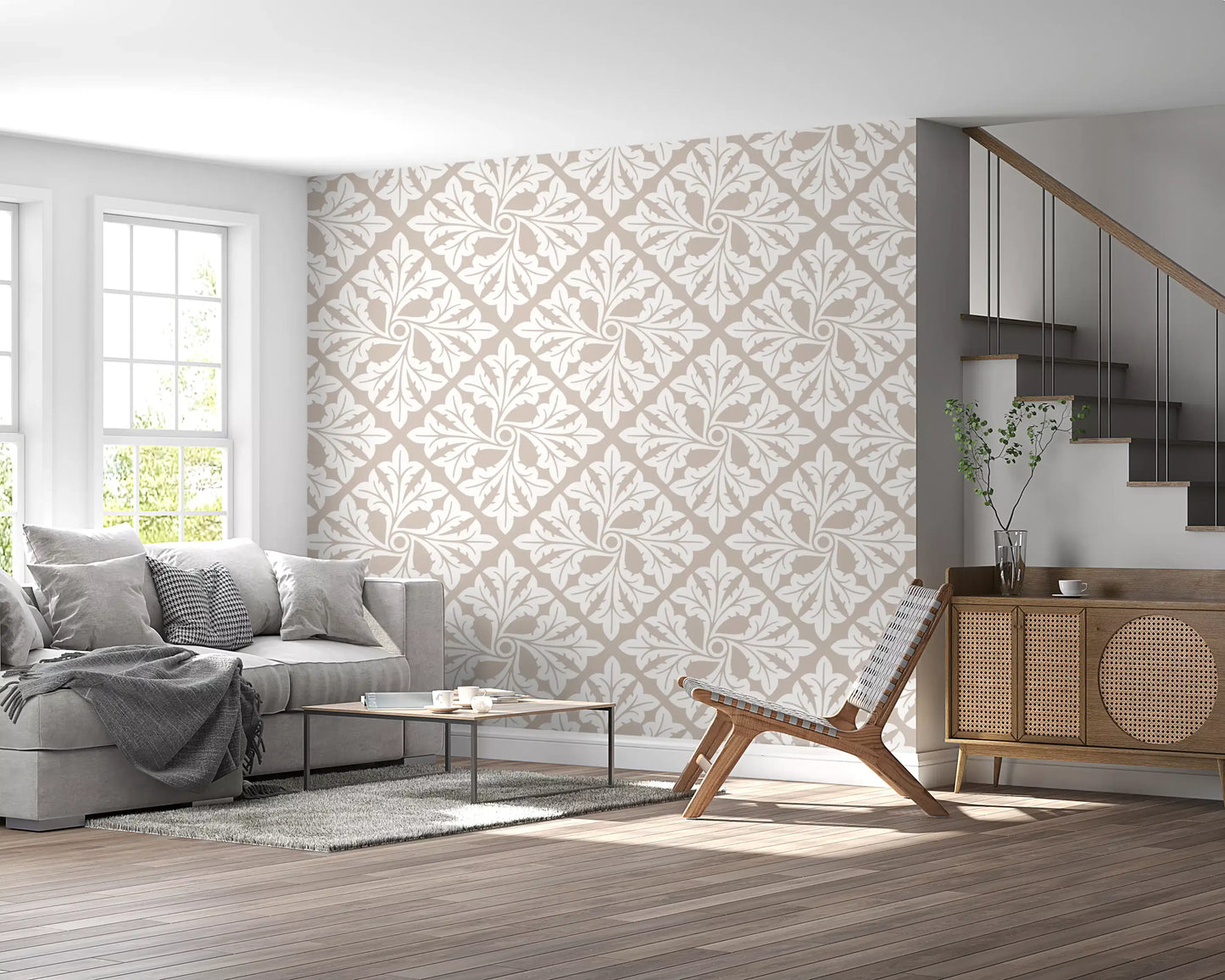Beige Acanthus Leaf Damask Wallpaper⁠
